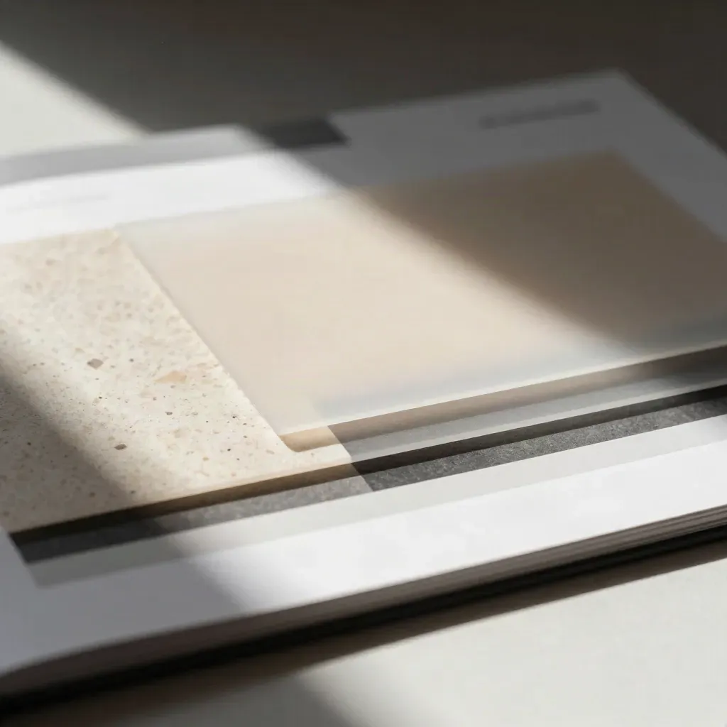 Mockup di homepage e landing in pannelli sovrapposti, su base di travertino, luce drammatica.