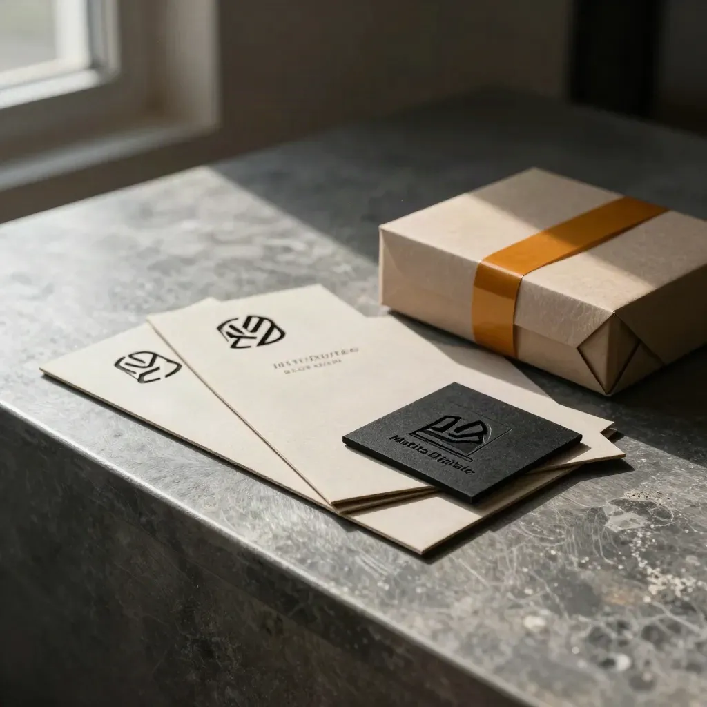 Tre tavole logo e una custodia sigillata su base in metallo, luce radente e polvere lieve.