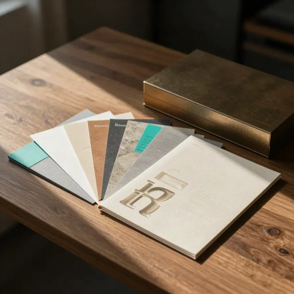 Kit brand con palette, campioni tipografici e archivio in una scena calda e materica.