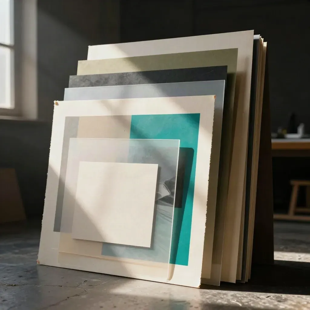 Tavole di illustrazioni digitali su carta e acetato, con campione colore turchese in uno spazio buio.