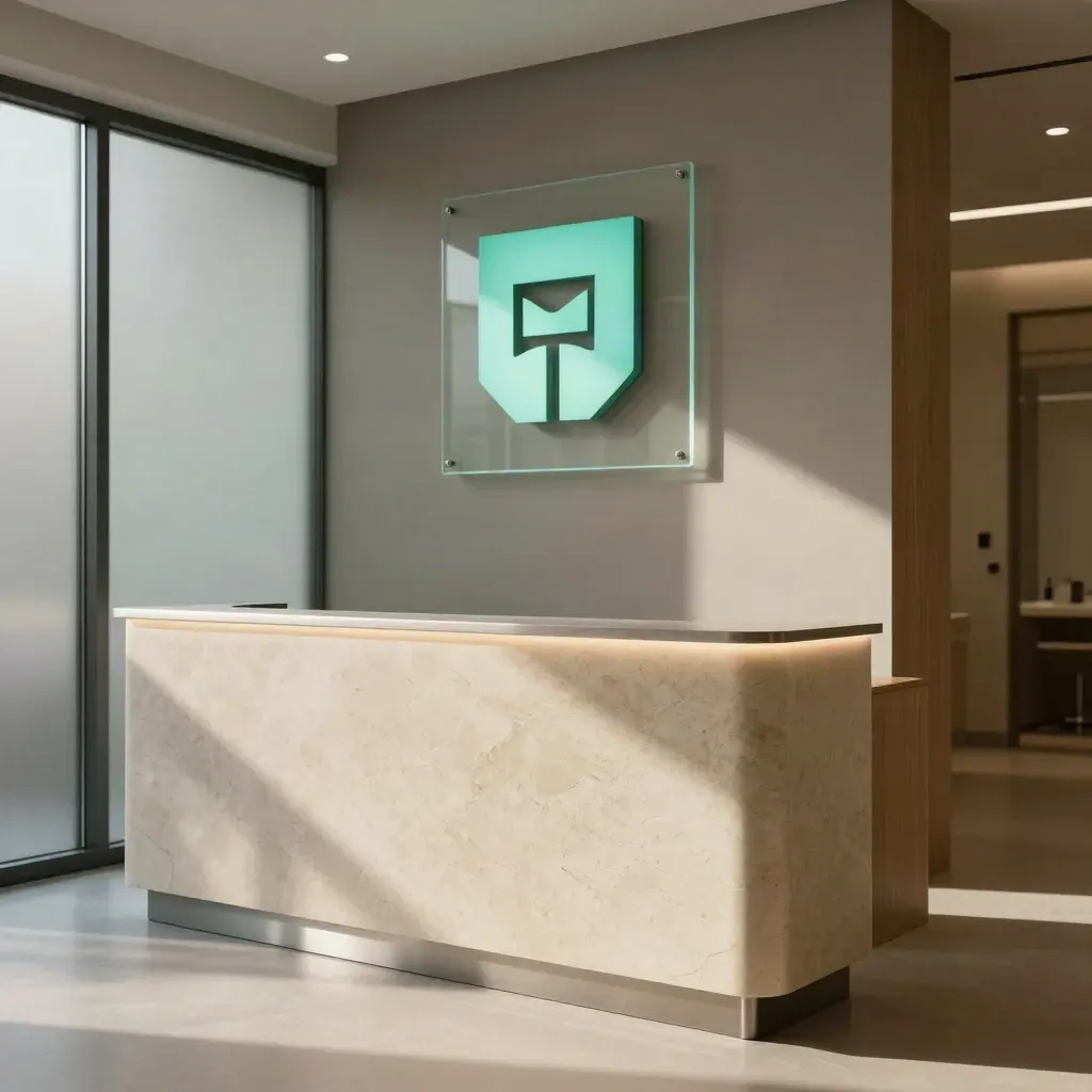 Insegna satinata di clinica dentale con reception neutra e luce turchese calda