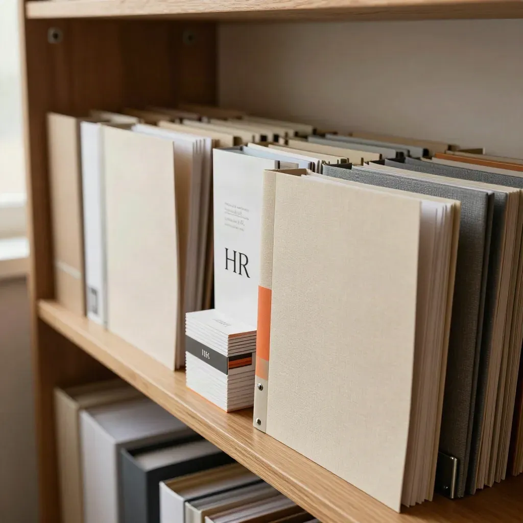 Kit brand coordinato per consulente HR con cartelle, card e custodia ordinata su scaffale caldo.