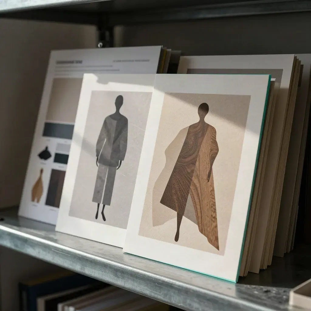 Tavole moda e campionari digitali sovrapposti con riflessi turchesi in una scena editoriale