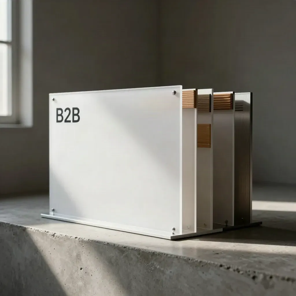 Deck investor B2B in pannelli bianchi modulari, su base di cemento scuro, luce cinematografica radente.