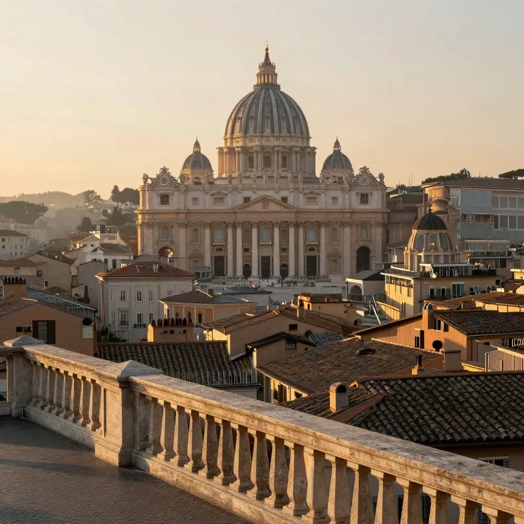 Cupola di Roma e tetti in terracotta avvolti nella foschia dorata del mattino.
