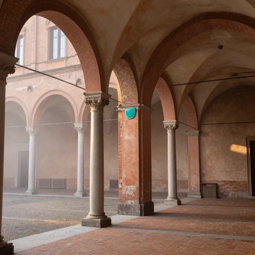 I portici di Bologna emergono dalla nebbia sopra una distesa calma di mattoni e pietra.