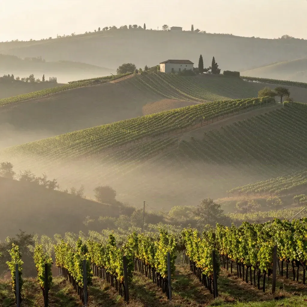 Colline del Piemonte nella nebbia, filari di vigneti e crinale lontano al mattino.